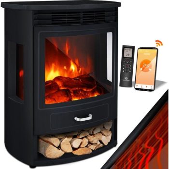 KESSER Prio Elektrokamin mit Heizung Heizlüfter Fernbedienung WiFi App 950/1900 W Kamin elektrisch LED-Flammeneffekt Kaminfeuer Elektro Kamin mit