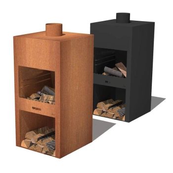Kamin mit grill, gartenkamin, rost, 1,5 mm cortenstahl, stauraum für holz, 60 x 50 x 150 cm, atlas