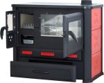 Tim Sistem Küchenherd Hilma 6kW Rot Schwarz mit Backfach und Kochplatte aus Gusseisen Stahl Sichtfenster Holzfach